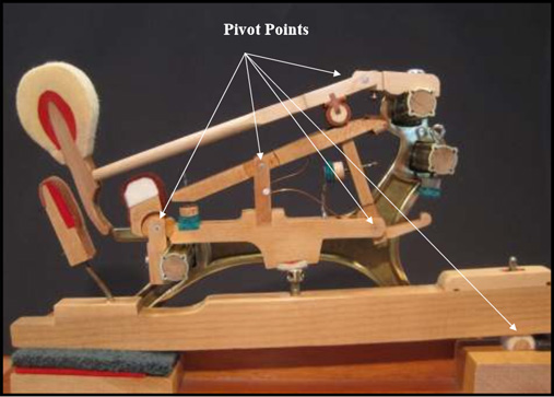 Cut-away photo of the working mechanism (action) of a grand piano